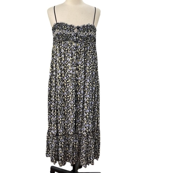 Free People Molly Jo Midi Floral Button Front Midi Dress SZ M Black Blue - Picture 3 of 10